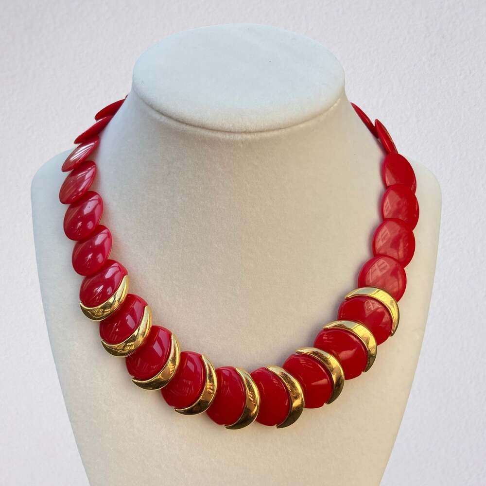 Vintage 60s Napier red lucite chunky necklace with gold trim, artsy bohemian
